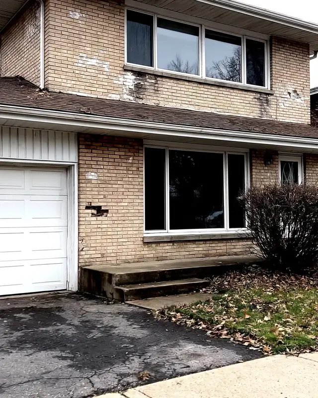 Worn beige brick facade, before the work